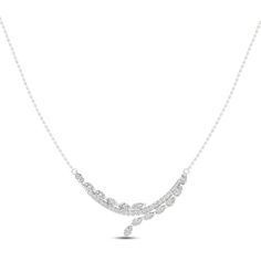 This exquisite necklace features a curving row of radiant round diamonds, with subtle swirls of marquise-cut and pear-shaped diamonds shining above and below. Styled in 14K white gold, the diamonds total 1 1/2 carats in weight. The pendant sways from an 18-inch cable chain that secures with a lobster clasp. Swirl Necklace, Pendent Set, Necklace Clasps, Pear Shaped Diamond, Pear Diamond, Accessories Jewelry Necklace, Marquise Cut, 2 Carat, Diamond Stone