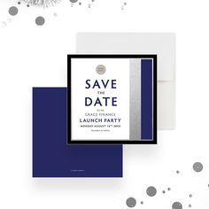 save the date card with blue and silver foil on it, surrounded by confetti