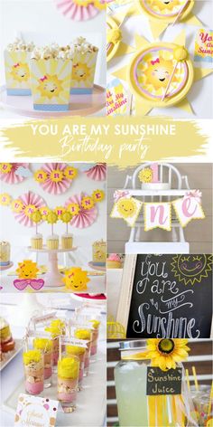 a yellow and pink birthday party with cupcakes, sunflowers and other decorations