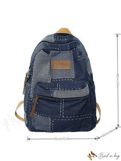 BirdinBag - Versatile Denim Color Block Backpack - Ideal for Students in College, University & High School Denim Blue Cotton Backpack For Daily Use, Denim Blue Cotton Backpack For Everyday Use, Denim Blue Standard Backpack For School, Denim Backpack For Students Back To School, Back-to-school Denim Blue Backpack, Denim Blue Cotton School Backpack, Large Capacity Denim Bags For Back To School, Denim Backpack For School, Denim Bags For Back To School