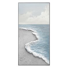 an ocean scene with waves coming in from the shore and clouds above it, framed on white paper