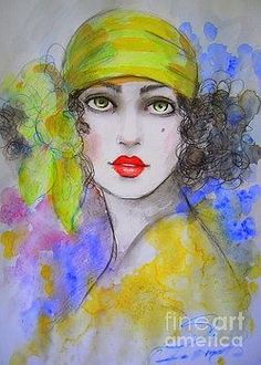 a painting of a woman wearing a yellow headband and green eyeshade, with blue watercolor splashes all over her face