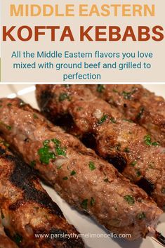 an advertisement for the middle eastern kofta kebabs recipe on a plate