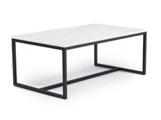 a white marble coffee table with black metal frame legs and an open end section on the side