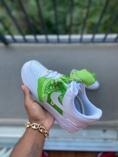 Custom Green Bandana Air Force 1s. - Kiaun's Customs Custom Air Forces, Green Bandana, Black Air Force 1, White Air Force 1, Air Force 1s, Custom Air Force 1, Nike Air Shoes, Air Forces, Cute Nike Shoes