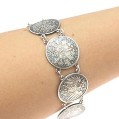 "Great antique condition.  900 Silver Antique 1910 Germany \"1 Mark - Wilhelm II\" Coin Link Bracelet 6\"  Weight: 36.2g   WELCOME TO PAWN SHOP We are an actual pawn shop and have been in business for over 25 years. Since 1990, our establishment has been serving a variety of clients by providing them with short term cash solutions and options of liquidity regarding their treasured heirlooms. Acknowledging that today′s customers are very sophisticated and are looking for a variety of investments, our acquisitions are hand-picked for our special clientele. We do offer the most interesting items along with affordable prices. We do not disturb our vintage jewelry in order to keep its original patina leaving it to your discretion. Depending on your own taste, you can either polish it or keep it Antique Nickel-free Bracelets, Vintage Coin-shaped Engraved Bracelets, Silver Vintage Bracelets With Antique Finish, Vintage Silver Coin Bracelet, Vintage Silver Coin Bracelets, Vintage Stamped Round Bracelets, Antique Round Sterling Silver Collectible Bracelet, Antique Sterling Silver Round Bracelet Collectible, Link Bracelets