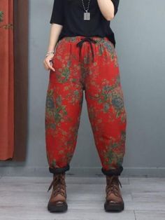 Style: Ethnic Material: Cotton Linen Pattern: Floral Length: Ninth Pants/Skirts Closure Type: Drawstring Silhouette: Loose Gender: Female Season: Winter #quiltedpants #cottonlinen #floral #winterpants Red Cotton Ankle-length Harem Pants, Red Ankle-length Cotton Harem Pants, Red Non-stretch Casual Harem Pants, Traditional Floral Print Bottoms For Spring, Casual Red Harem Pants For Fall, Traditional Spring Floral Print Bottoms, Red Cotton Harem Pants For Fall, Red Non-stretch Spring Harem Pants, Red Harem Pants For Spring With Loosely Fitted Hips