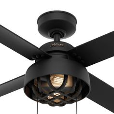 a black ceiling fan with two lights on it