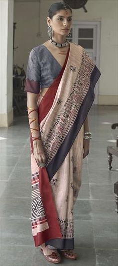 Beige and Brown color Saree in Silk fabric with Embroidered, Thread work Luxury Traditional Wear In Tissue Silk With Weaving Work, Luxury Silk Saree With Weaving Work, Luxury Katan Silk Saree With Printed Motifs, Luxury Tussar Silk Fabric With Embroidered Pallu, Luxury Brown Tussar Silk Saree, Brown Color Saree, Festive Saree, Traditional Sarees, Thread Work