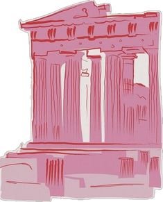 a drawing of a pink building with columns and pillars on it's sides, in front of a white background