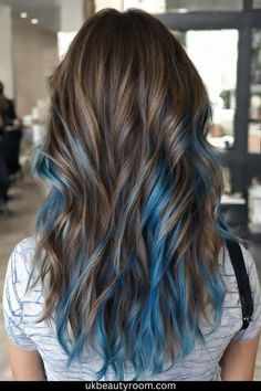 Blue Tip Hair Brown, Brown Hair W Blue Highlights, Hair Dye That Goes With Brown Hair, Dark Hair With Blue Streaks, Cute Hair Colors For Dark Brown Hair, Blue Stripes In Brown Hair, Cleo De Nile Hair Dye, Blue Partial Highlights, Brown And Blue Ombre Hair