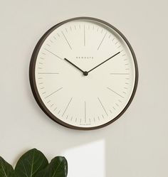 a clock on the wall next to a potted plant