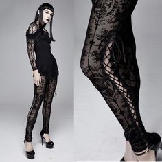 Black Lace gothic leggings at GothMall.com Gothic Thigh-high Bottoms For Night Out, Gothic Thigh High Bottoms For Night Out, Gothic Halloween Leggings For Alternative Fashion, Gothic Leggings For Halloween, Gothic Fitted Thigh-high Tights, Gothic Stretch Legwear For Night Out, Gothic Stretch Tights For Night Out, Gothic Thigh-high Tights For Night Out, Gothic Thigh High Leggings For Alternative Fashion