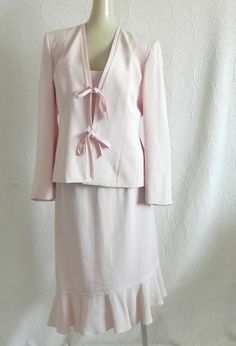 Juliana Collezione 3PC Skirt Suit                                               �               . Material - 97% Silk. 3% Rayon                                     . Lining - Full                                     . Color – Light Pink with Slightly Light Ivory Striped                                      . Sleeve – Blazer : Long Sleeve                                                     Top : Sleeveless                                     . Closure – Blazer : Drawstring Tie Sleeveless Formal Sets For Spring, Pink Sleeveless Formal Sets, Feminine Fitted Skirt Suit For Spring, Pink Blazer Set, Light Pink Blazer, Tie Blazer, Suit Material, Light Ivory, Blazer Set