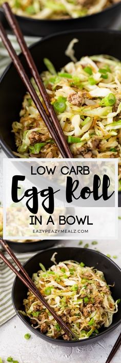 low carb egg roll in a bowl with chopsticks on the side and text overlay reading low carb egg in a bowl