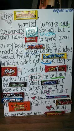 a white board with candy written on it