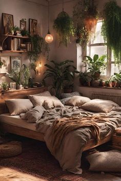 a bed with lots of plants on the wall above it and lights hanging from the ceiling