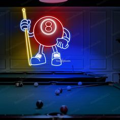 a pool table with a neon sign that says 8 on it and a ball in the foreground