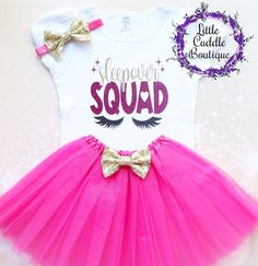 "This is an adorable sleepover outfit. This outfit features a white shirt with the words \"Sleepover Squad\" on it. The matching headband and tutu are both hot pink. Other bottoms/headbands are available in my shop as well to choose from. HOW TO ORDER: 1.Shirt-Select Style and Size from the drop down-Puff Sleeve-S (Short Sleeve/Puff Sleeve-L (Long Sleeve). and add to cart. 2.Add bottom and headband to complete the outfit for best value (optional). 3.Complete purchase and enjoy.  All orders are heat pressed (No hand irons used) with top quality heat transfer vinyl to ensure durability.    **HEADBAND** Sequin bow measures 4-4.5\" and is attached to a .5\" wide headband. It should fit most babies and toddlers. The bow can be placed on an alligator clip upon request.  **SHIRT** Designs are pri Fun White Sleepwear For Sleepovers, Cute Letter Print Sleepwear For Pajama Party, Cute Sleepwear With Letter Print, Cute Letter Print Sleepwear, White Letter Print Sleepwear For Sleepover, Cute Pink Party Sleepwear, White Letter Print Sleepwear For Bedtime, Pink Letter Print Sleepwear For Sleepovers, Pink Sleepwear With Letter Print For Sleepovers