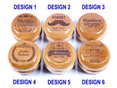 six wooden coasters with the names of different types of mustaches and moustaches on them