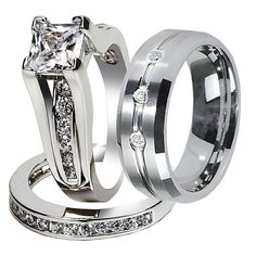 two matching wedding rings with princess cut diamonds