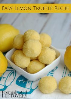 lemon truffle recipe in a small white bowl on a table with lemons