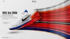 the nike air zoom supreme sneaker is shown in white, orange and blue