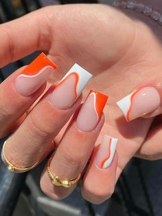 Acrylic Nails Short Design Art Ideas, White Nails Orange Design, Orange Tip Nails Coffin, Acrylic Nails Gel Polish Ideas, Short French Nails Design Square, Gel Nail Manicure Designs, Spring Medium Nails, Long Square Nails Summer, Orange And White Nails Ideas