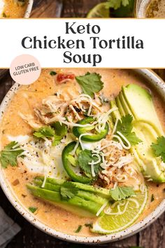 a bowl of chicken tortilla soup with avocado and cilantro