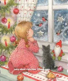 Hazel Lincoln, Images Noêl Vintages, Cat Window, Girl Cat, Advocate Art, Christmas Drawing, Christmas Memory