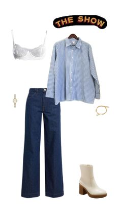 a woman's outfit and accessories including shoes, bras, shirt and jeans