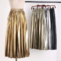 High Waist Black Silver Gold Pleated Midi Skirt Club Skirts, Metallic Pleated Skirt, Womens Pleated Skirt, Metallic Skirt, Pleated Skirts, Elegant Skirt, Women Midi, Pleated Midi Skirt, Casual Skirt