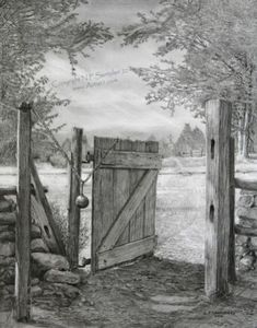 a pencil drawing of an open gate and stone wall with trees in the back ground