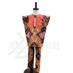 These stylish danshiki set for boys is crafted from 100% cotton African print fabric with a contrast color on the chest. Attire that make kids attract attention in the crowd while dressing it up or down. Fabric: 100% cotton, non-stretch Style: Two-pieces (Danshiki / kimono top with pants) Material: 100% cotton African print fabric Color: Brown Details: Contrast color fabric(orange), snap buttons ( on chest), pocket (pants) Neck: Round neck Sleeve: Short Top Fit: Slightly loose fit Pant fit: Slim Red Cotton Matching Set, Traditional Orange Printed Sets, Orange Printed Cotton Set, Traditional Cotton Sets With Batik Print, Traditional Batik Print Cotton Sets, Fitted Brown Cotton Sets, Fitted Multicolor Cotton Pant Set, Fitted Red Cotton Set, African Print Top