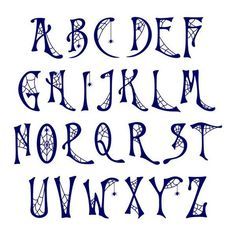 an old english alphabet with spider webs on the upper and lower letters, all in blue