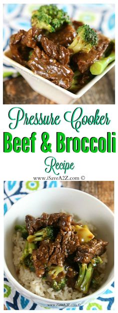 the pressure cooker beef and broccoli recipe is shown in two different bowls