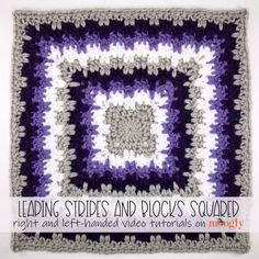 a crocheted square is shown in purple and grey colors, with an interlocked design on the center