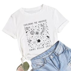 Summer Women T Shirt Versatile 100% Cotton Universe Space Stars Print Short Sleeve Oversized Tshirts Casual Graphic Tee Tops Summer Crew Neck T-shirt With Star Print, Trendy Star Print Summer Tops, Trendy Relaxed Fit T-shirt With Star Print, Trendy Star Print Tops For Summer, Casual White Tops With Star Print, Casual White Top With Star Print, Casual White Star Print Top, Summer Crew Neck Top With Star Print, Casual White T-shirt With Star Print