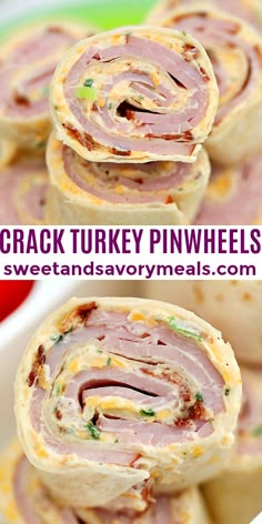 Crack Turkey Pinwheels are made of turkey slices with crack dip wrapped in a tortilla. #crackturkeypinwheels #pinwheels #turkey #leftover #sweetandsavorymeals Turkey Pinwheel Appetizers, Staff Meeting Snacks, Shower Sandwich Ideas, Turkey Pinwheel Recipes, Pinwheels Turkey, Turkey And Cheese Pinwheels, Turkey Rollups, Pinwheels Recipes, Turkey Slices