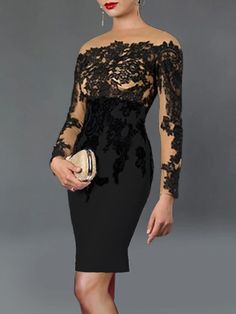 Sheath / Column Cocktail Dresses Luxurious Elegant Floral Dress Wedding Guest Tea Length Long Sleeve Off Shoulder Stretch Fabric with Appliques 2023 2023 - US $134.99 Dress Fall Wedding Guest, Cocktail Black Dress, Black Dress Plus Size, Dress For Mother, Black Dress Elegant, Cocktail Dress Elegant, Luxurious Dress, Plus Size Elegant Dresses, Cheap Cocktail Dresses