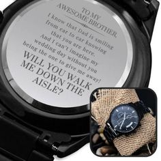 "A thoughtful gift that can withstand constant use, this Engraved Design Black Chronograph Watch is the perfect gift to commemorate your special day. I actually wrote this message thinking of my own brother - we lost my dad a few years ago. When I was planning my own wedding, I knew I wanted something special to give to my brother to ask him to walk me down the aisle. I hope this message is as special to you as it is to me! ⭐⭐ Make sure to check out my \"Walk Me Down the Aisle\" section for more Wedding Day Messages, Bride Proposal, Man Of Honor, Engraved Watch, Man Of Honour, Watch Engraving, Wedding Day Gifts, In Memory Of Dad, Mens Wrist Watches