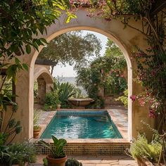 an outdoor swimming pool surrounded by greenery and potted plants in the foreground