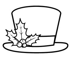 a top hat with holly leaves and berries on the side, outlined in black and white