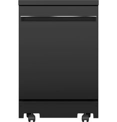 a black dishwasher sitting on wheels