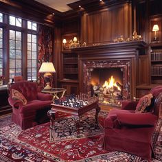 a living room filled with furniture and a fire place in the middle of a fireplace