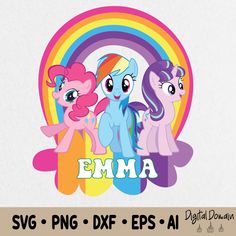 three little ponys are standing in front of a rainbow with the word emma on it