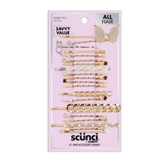 This 20-piece collection of slide bobby pins is anything but ordinary. Each pin is designed to hold hair firmly while adding elegance with a range of sparkling designs. Elegant gold tone and silver tone, rhinestone adornments, bejeweled butterfly accents. Wear them as singles or stack them for maximum bling! About scünci Hair Accessories When it comes to keeping your look on trend, scünci has you covered with today’s hottest hair accessories, including stylish bows, claw clips, headbands, super- Claw Clips, Claw Clip, Hair Tools, Beauty Care, Bobby Pins, Hair Clips, Silver Tone, Hair Accessories, Things To Come