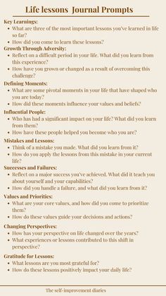 Reflect and Grow: Life lessons Reflection Journal Prompts  Dive deep into your life's journey with these thoughtful reflection prompts. Perfect for anyone seeking self-improvement, clarity, and personal growth. Unlock insights and embrace your journey with these powerful prompts. Save this Pin and begin your path to deeper self-awareness Reflection Journal Prompts, Monthly Prompts, Reflection Journaling, Internal Peace, Reflection Prompts, Journals Ideas, Book Notes, Reflection Journal, Daily Journal Prompts