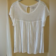 Nwot Loft Top. White W Crochet Upper Quarter. Sz L. Never Worn. Casual White Lace Trim Top, Casual White Crochet Lace Blouse, White Casual Knit Top With Crochet Trim, Casual White Knit Top With Crochet Trim, Casual White Crochet Top With Lace Details, White Pointelle Knit Lace Top, White Pointelle Knit Lace Top For Spring, Casual White Lace Crochet Top, White Lace Top With Pointelle Knit For Spring