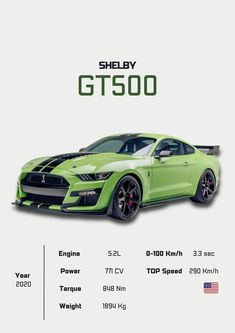 the green car is shown in this advert for an upcoming mustang gt - 500